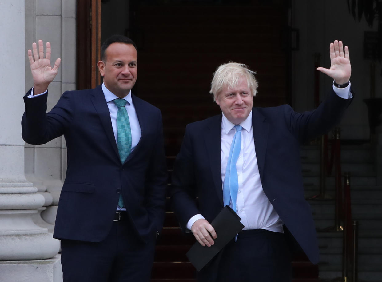 Mr Johnson meets Taoiseach Leo Varadkar in Government Buildings during his visit to Dublin on Monday  (Picture: PA)