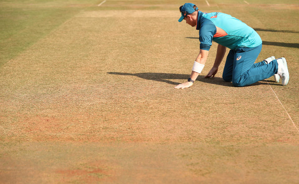 Steve Smith, pictured here checking the pitch at Vidarbha Cricket Association Ground in Nagpur.