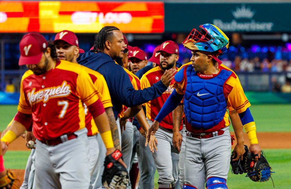 Venezuela designated hitter Miguel Cabrera (24) celebrate with teammates their 5-1 win over Israel during a Pool D game at the World Baseball Classic at loanDepot Park on Wednesday, March 15, 2023, in Miami, Fla.