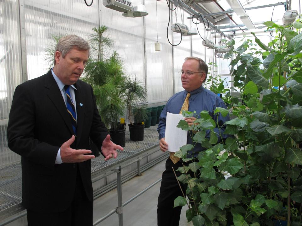 U.S. Agriculture Secretary Tom Vilsack, left, speaks to plant molecular biology professor Mark Guiltinan during a tour of a plant science lab at Penn State University on Wednesday, May 16, 2012 in State College, Pa. Vilsack visited the school to promote the importance of agricultural research. (AP Photo/Genaro C. Armas)