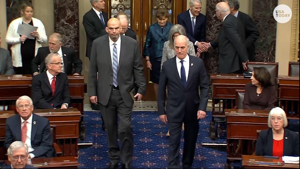 U.S. Sens. John Fetterman and Bob Casey on Senate floor.
