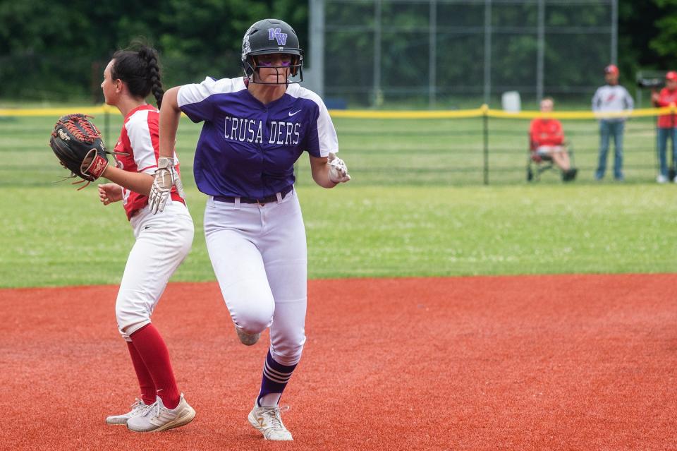 Monroe-Woodbury's Kelsey O'Brien runs to third base during the semi regional Class AA softball ball game at Arlington High School in Lagrangeville, NY on Wednesday, June 1, 2022. Monroe-Woodbury defeated North Rockland 12-0.