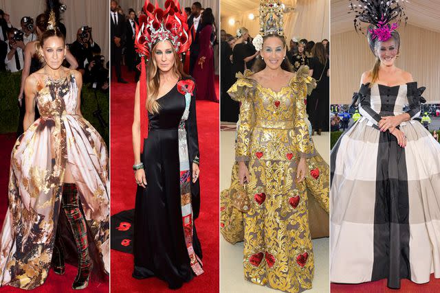 <p>Lars Niki/Corbis via Getty; Jamie McCarthy/FilmMagic; Neilson Barnard/Getty; Kevin Mazur/MG22/Getty</p> Sarah Jessica Parker's headpieces at the Met Gala.