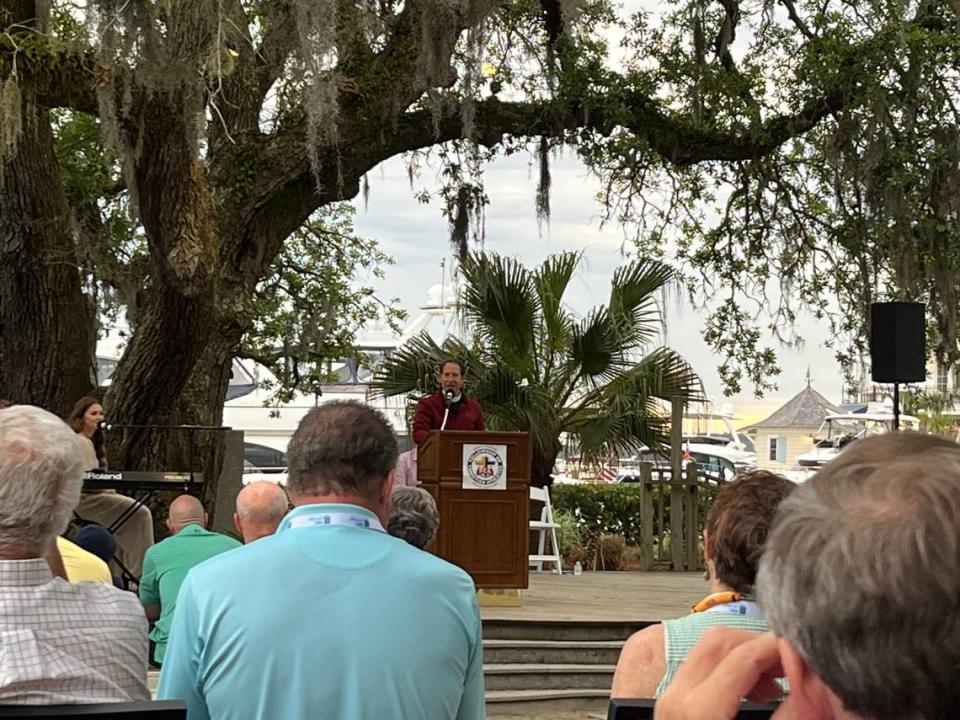 Local ministers speak at a sunrise church service Sunday on the final day of the RBC Heritage Presented by Boeing golf tournament at Harbour Town Golf Links in Sea Pines.