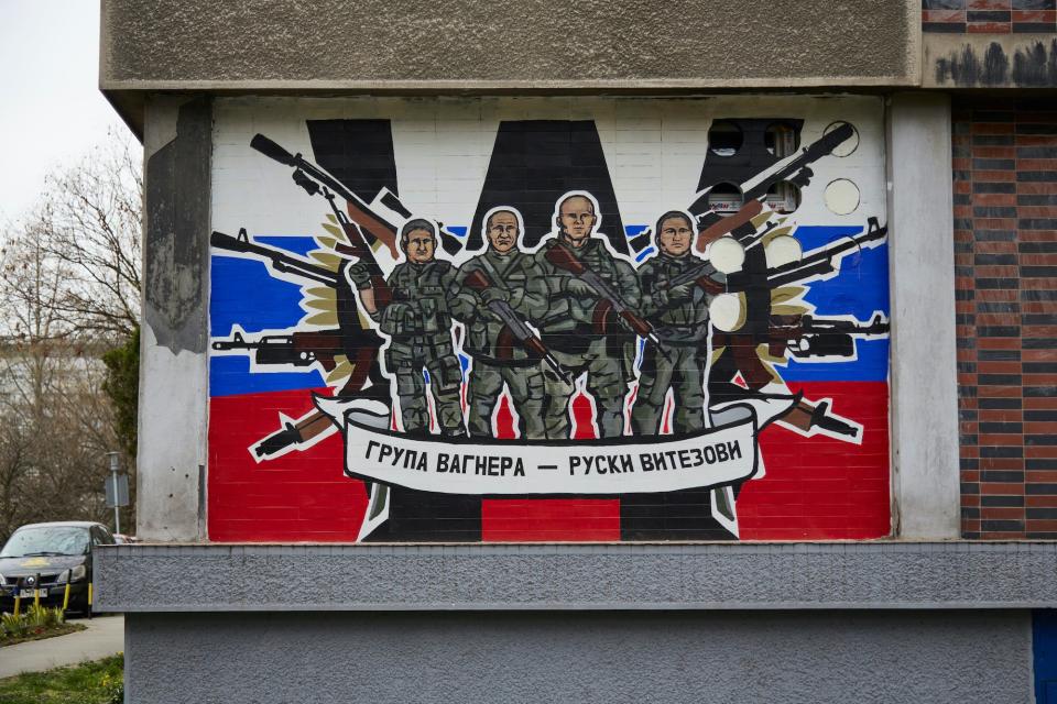 A mural praises the Russian Wagner group and its mercenaries fighting in Ukraine on March 30, 2022 in Belgrade, Serbia.