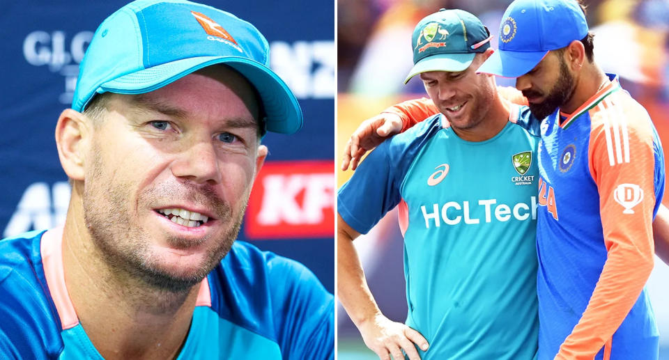 David Warner is shown in these two images.