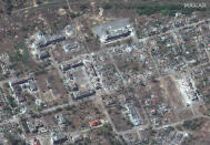 This satellite image provided by Maxar Technologies shows destroyed buildings in Rubizhne, Ukraine near Severodonetsk, on Monday, June 6, 2022. (Maxar Technologies via AP)