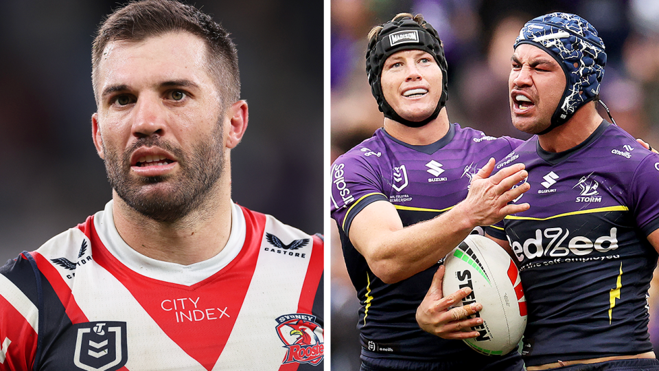 Craig Bellamy's decision to rest superstar halfback Jahrome Hughes (pictured) for the clash against the Cowboys could give either James Tedesco (pictured left) or Tom Trbojevic a boost in the Dally M race. (Getty Images)