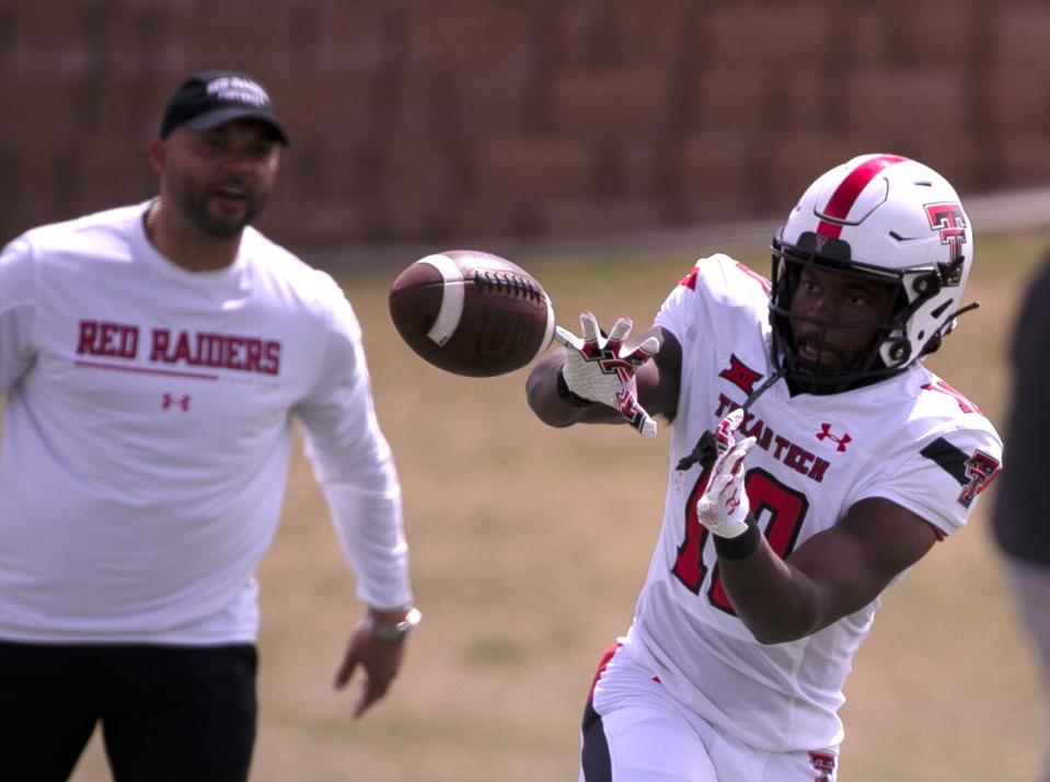 Texas Tech's Drae McCray prepares to catch the ball during Spring Game, Saturday, April 22, 2023, at Lowrey Field at PlainsCapital Park.