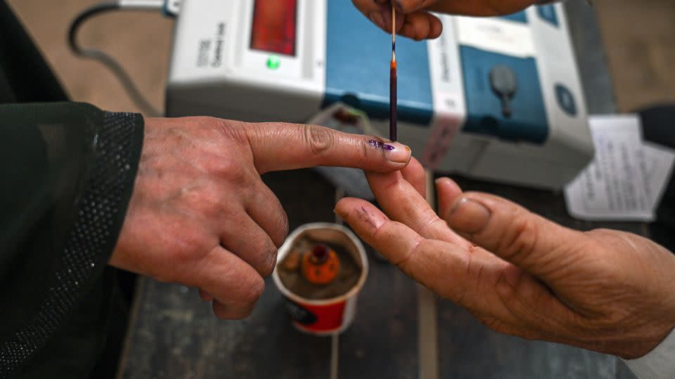 A voter's finger marked with indelible ink after casting a ballot at a polling station during the first phase of voting for national elections in Muzaffarnagar district, Uttar Pradesh, India, on Friday, April 19, 2024. - Prakash Singh/Bloomberg/Getty Images