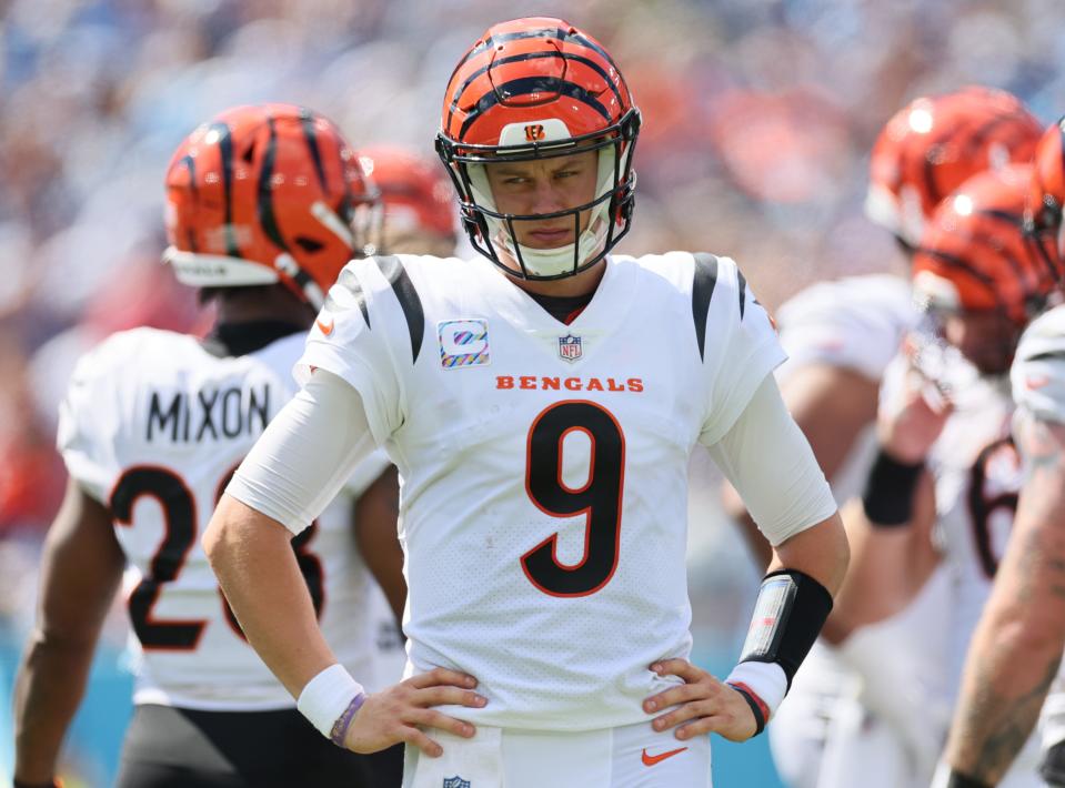 Joe Burrow #9 of the Cincinnati Bengals looks on against the Tennessee Titans during the first half at Nissan Stadium on October 01, 2023 in Nashville, Tennessee.