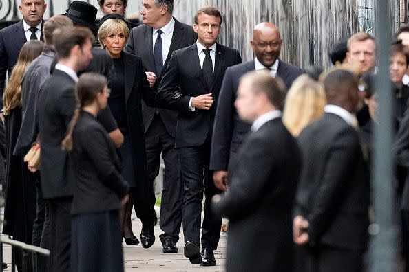 Brigitte Macron and President of France Emmanuel Macron arrive at Westminster Abbey ahead of the State Funeral of Queen Elizabeth II on September 19, 2022, in London.