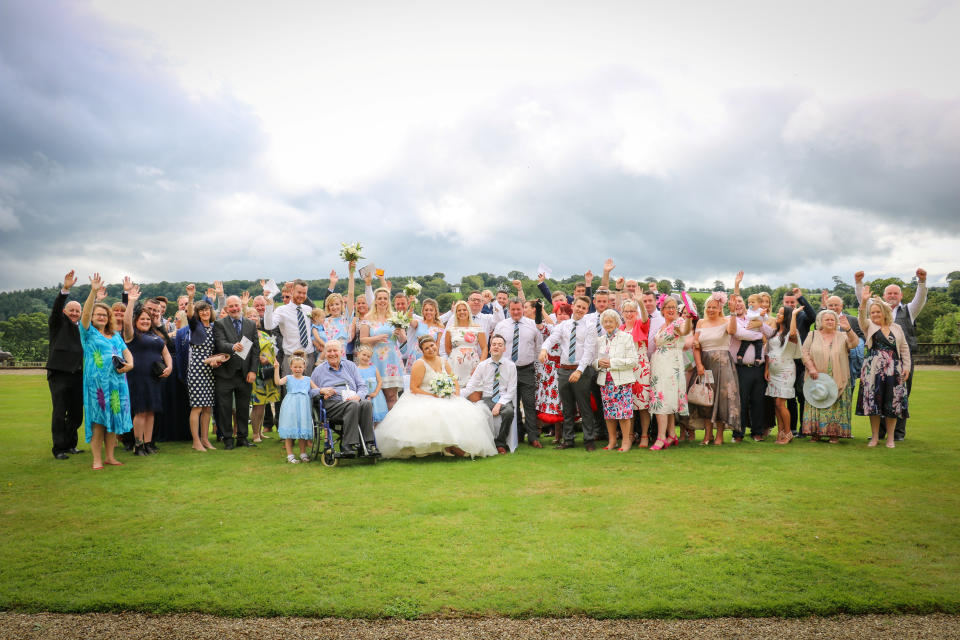 Terminally-ill Myles Harrison, 27, married the love of his life Liz Harrison, 29, as part of his bucket lost after friends and family paid for the whole ceremony!.See SWNS story SWPLwedding. A dying man has married the love of his life in a bucket-list wedding after friends and family donated the entire ceremony. Myles Harrison, 27, was diagnosed with a brain tumour at the age of 18 but recently his condition worsened and doctors said there was nothing more they could do. The news spurred Myles into action, and now he has finally tied the know with his fiancee Liz, 29, in a stunning ceremony Castle Hill in Filleigh, Devon, which was all donated by well-wishers. It was was organised by wedding planner Louise Hedges and the venue, car, photography, cake, music and honeymoon were all given to them free of charge. 