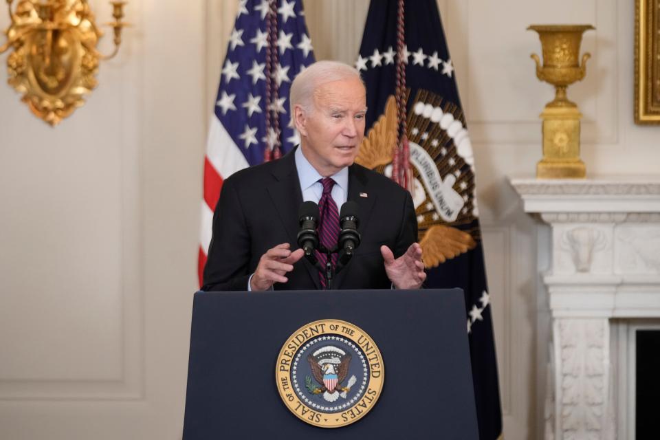 President Joe Biden speaks during an event on protecting retirement security against what are commonly referred to as "junk fees" in the State Dining Room of the White House, Tuesday, Oct. 31, 2023, in Washington. (AP Photo/Andrew Harnik) ORG XMIT: DCAH321