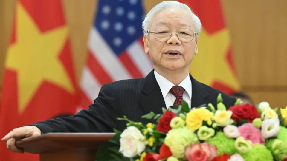 Vietnam's communist party general secretary nguyen phu trong speaks to the media after a meeting with us president joe biden at the communist party of vietnam headquarters in hanoi on september 10, 2023.