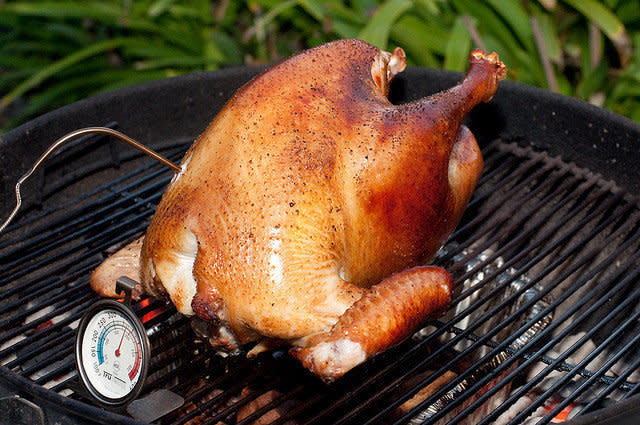 Timing on a grilled turkey is tricky since every grill is vastly different, but here's a rough guide based on weight. <br /><strong>8 lbs: 90 mins <br />12 lbs: 135 mins <br />14 lbs: 180 mins <br />18 lbs: 210 mins <br />20 lbs: 225 mins</strong> <i><br /></i>
