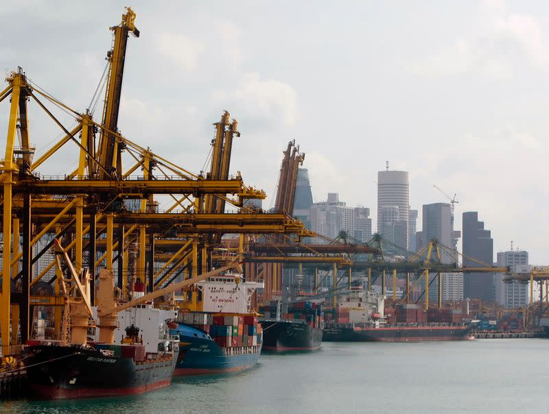 Container ships are seen berthed at the Brani container terminal near Singapore's financial district