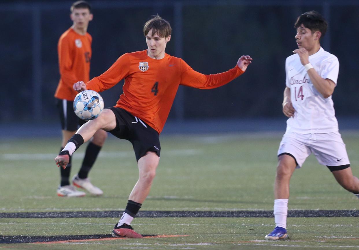 Ames midfielder Jordan Thoen, seen here during the Little Cyclone's 1-0 shootout win over Des Moines Lincoln April 8 at Ames, scored four goals and dished out one assist during the Little Cyclones' 10-0 victory over Fort Dodge Friday at Ames.