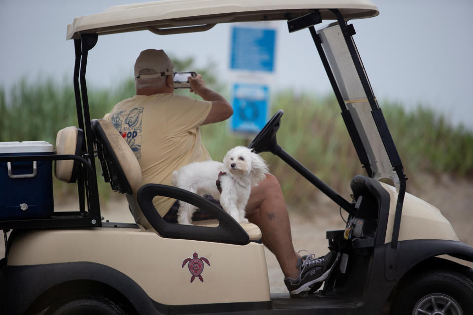 A man and his dog get a close look at the beach from a golf cart during Hurricane Florence in Surfside Beach, South Carolina, U.S. September 14, 2018.&nbsp;