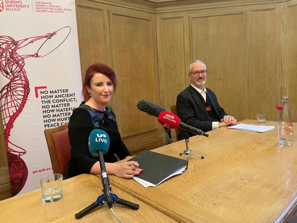 Louise Haigh with Professor Richard English, at the George J. Mitchell Institute for Global Peace, Security and Justice (Jonathan McCambridge/PA)