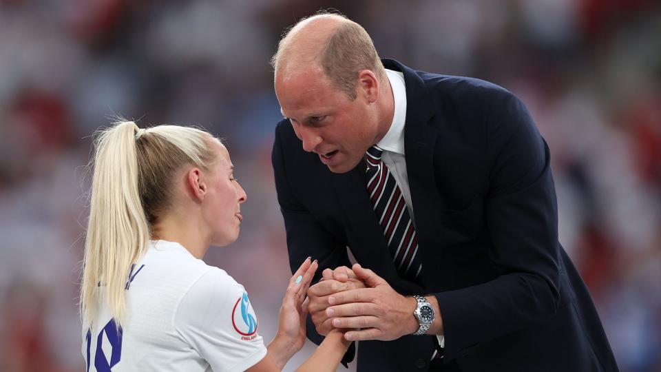 <p>Prince William congratulates Chloe Kelly of England's women's national football team after the club's 2-1 win over Germany in the UEFA Women's Euro 2022 final at Wembley Stadium in London on July 31.</p>