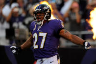 Running back Ray Rice #27 of the Baltimore Ravens runs onto the field during player introductions before taking on the Cincinnati Bengals at M&T Bank Stadium on September 10, 2012 in Baltimore, Maryland. (Photo by Patrick Smith/Getty Images)