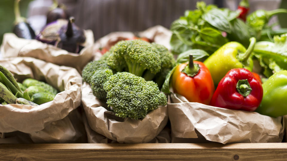 Close up of fresh and juicy vegetables from garden bed in eco sacks, panorama