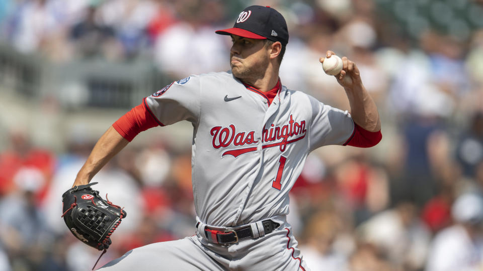 Washington Nationals starting pitcher MacKenzie Gore throws in the first inning of a baseball game against the Atlanta Braves, Saturday, June 10, 2023, in Atlanta. (AP Photo/Hakim Wright Sr.)