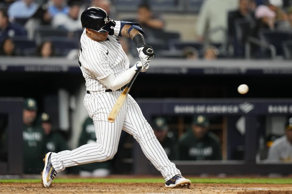 New York Yankees' Gleyber Torres hits a two-run home run during the fifth inning of the team's baseball game against the Oakland Athletics on Tuesday, May 9, 2023, in New York. (AP Photo/Frank Franklin II)