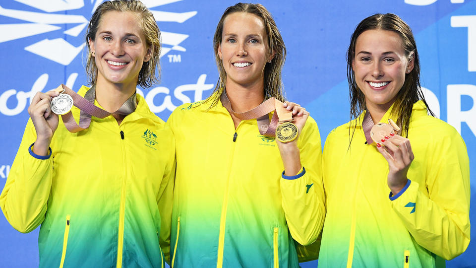 Madeline Groves, Emma McKeon and Brianna Throssell at the Commonwealth Games in 2018.