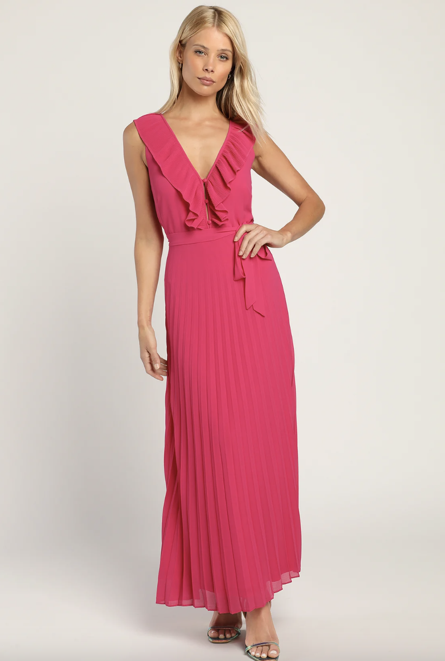 blonde model in pink floor length dress, Loved By You Hot Pink Pleated Chiffon Maxi Dress (Photo via Lulus)