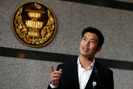 Thanathorn Juangroongruangkit, leader of the Future Forward Party, speaks during a news conference at the parliament in Bangkok