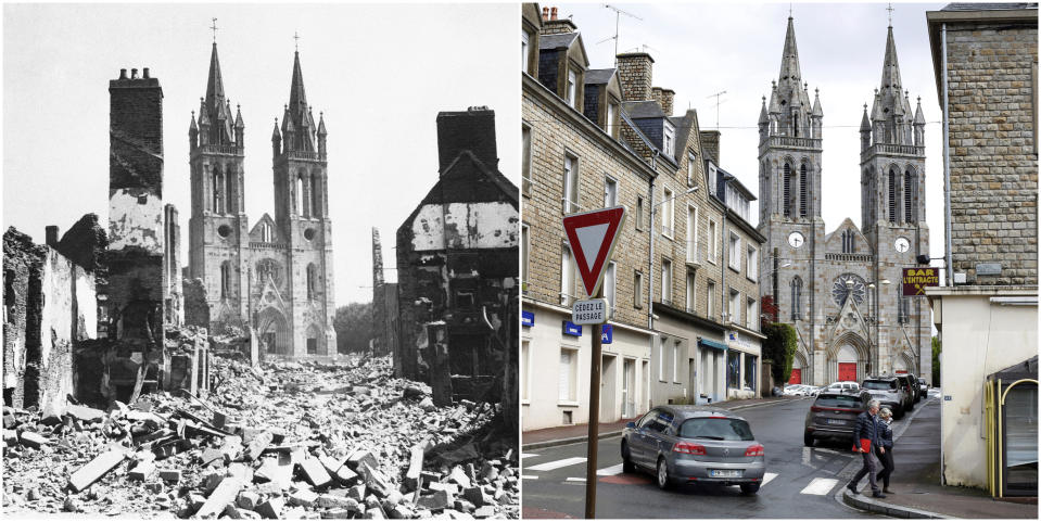 This combination of photos shows the twin steeples of St. Hilaire Du Harcouet's church in Normandy, France, on Aug. 13, 1944, left, and right, a view of the same location on May 8, 2019. (AP Photo/Thibault Camus)