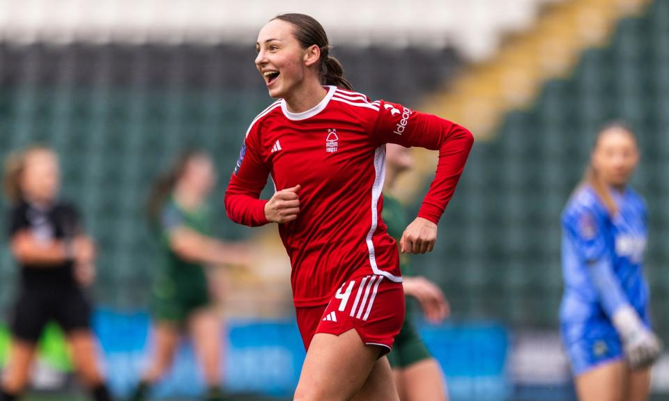 <span>Louanne Worsey celebrates her goal as <a class="link " href="https://sports.yahoo.com/soccer/teams/nottingham-forest/" data-i13n="sec:content-canvas;subsec:anchor_text;elm:context_link" data-ylk="slk:Nottingham Forest;sec:content-canvas;subsec:anchor_text;elm:context_link;itc:0">Nottingham Forest</a> beat Plymouth in the FA Cup fourth round in January.</span><span>Photograph: Ami Ford/Nottingham Forest FC/Getty Images</span>