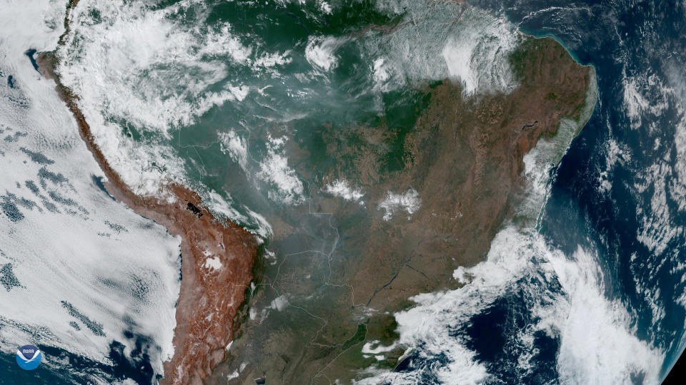 Fires, burning in the Amazon Rainforest, are pictured from space, captured by the geostationary weather satellite GOES-16 on August 21, 2019 in this handout image obtained from social media. (Photo: NASA/NOAA/Handout via Reuters)