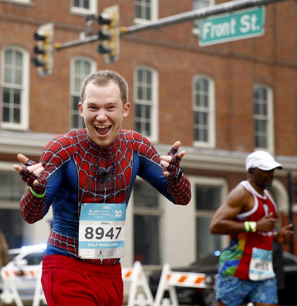 Alden Berretta, from Cordova, dressed as Spider Man to run in the 2021 St. Jude Memphis Half Marathon on Saturday, Dec. 4, 2021 in Downtown Memphis.