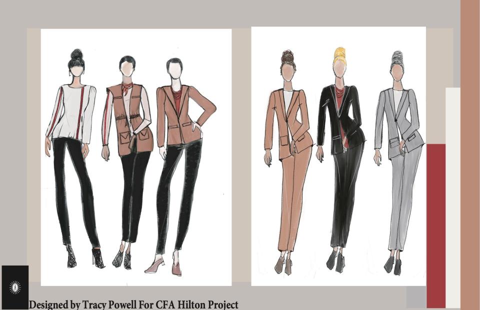 Front desk uniform sketches by Tracy Powell for Hilton Downtown Columbus. Ann Taylor will provide the women's suits.