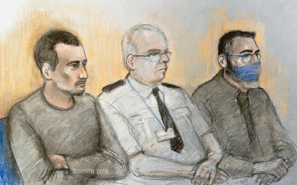 Court artist sketch by Elizabeth Cook of Christopher Kennedy (left) and Valentin Calota (right) two of four men to face trial, at the Old Bailey in London - Elizabeth Cook 