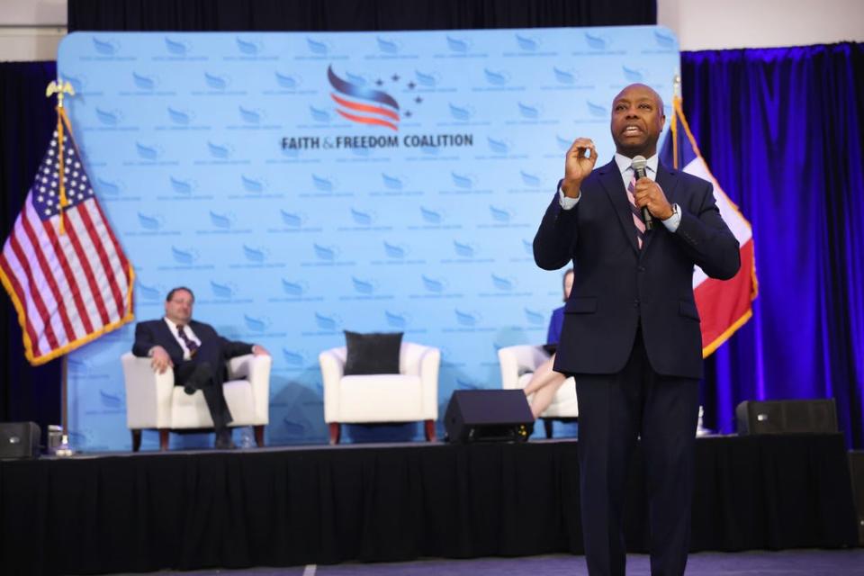 Senator Tim Scott, R-S.C., speaks to guests at the Iowa Faith & Freedom Coalition Spring Kick-Off on April 22, 2023 in Clive, Iowa. Iowa is scheduled to hold the first Republican presidential nominating contest of 2024, on Feb. 5.