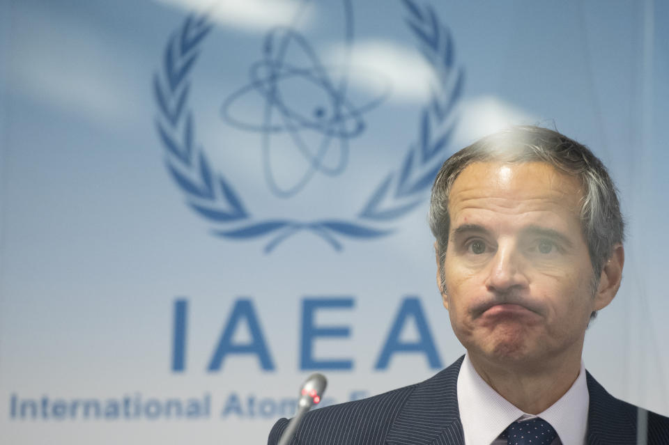 Director General of the International Atomic Energy Agency (IAEA), Rafael Mariano Grossi, attends a press conference during an IAEA Board of Governors meeting at the IAEA headquarters of the UN in Vienna, Austria, Wednesday, Nov. 18, 2020. (Christian Bruna/Pool Photo via AP)