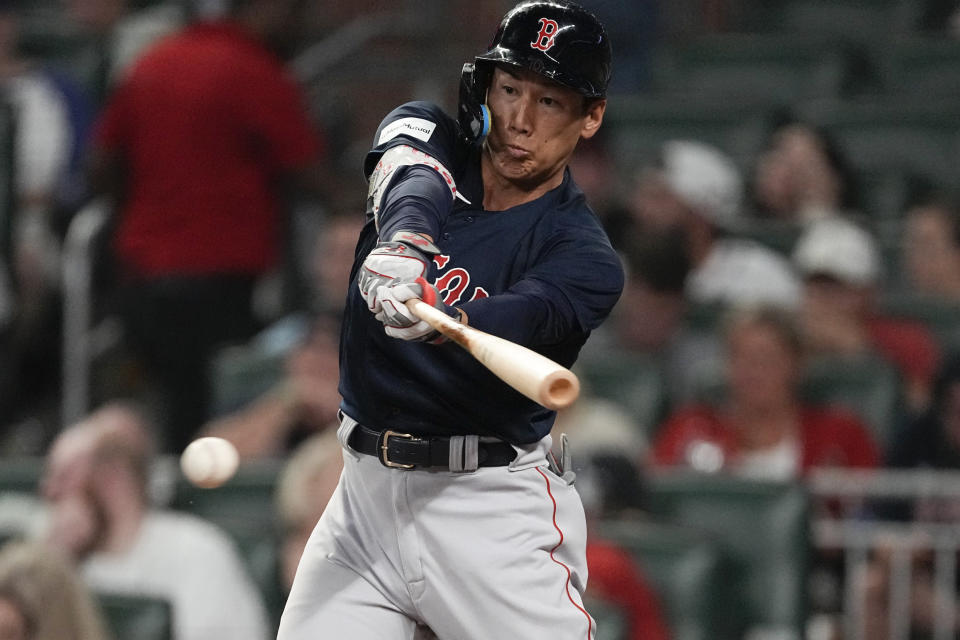 Boston Red Sox' Masataka Yoshida, of Japan, grounds out in the eighth inning of a baseball game against the Atlanta Braves Tuesday, May 9, 2023, in Atlanta. (AP Photo/John Bazemore)