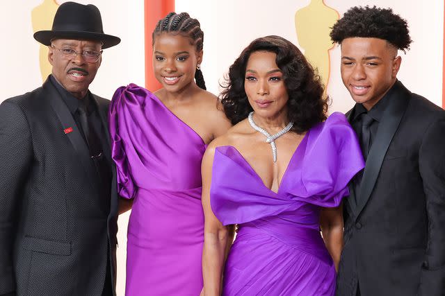 <p>Kayla Oaddams/WireImage</p> Courtney B. Vance (left), Bronwyn Golden Vance, Angela Bassett and Slater Josiah Vance on March 12, 2023