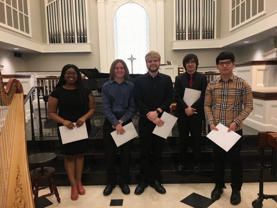 College second-place winners pictured are Viviana Goodwin, Ethan Warren, Cheldon Gatz, Christian Celis and Lingxiao Fan. (Not pictured are Katie Crim and Christophe Delgado.)