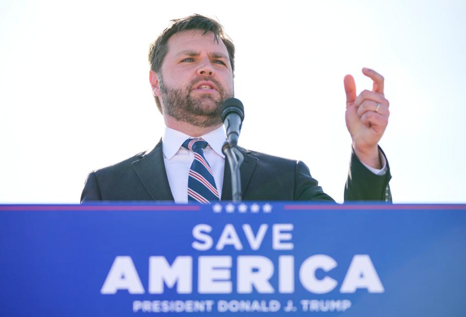 Apr 23, 2022; Delaware, Ohio, USA; JD Vance speaks during a rally with former President Donald Trump at the Delaware County Fairgrounds. Mandatory Credit: Adam Cairns-The Columbus Dispatch