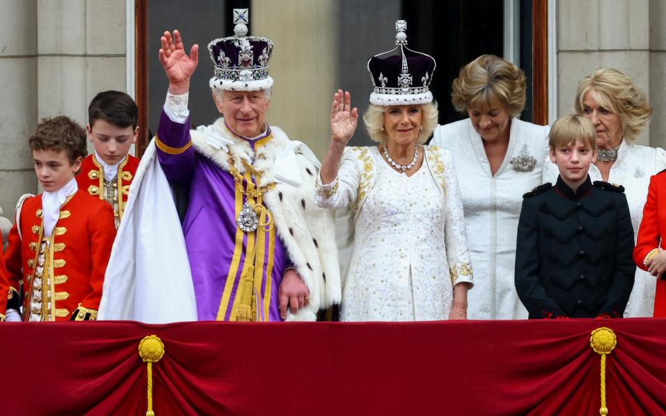 Fiona Mary Petty-Fitzmaurice, the Marchioness of Lansdowne, and Annabel Elliot, sister of Queen Camilla, join the King and Queen on the balcony - Hannah McKay/Reuters