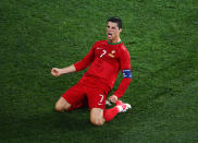 KHARKOV, UKRAINE - JUNE 17: Cristiano Ronaldo of Portugal celebrates scoring his team's second goal during the UEFA EURO 2012 group B match between Portugal and Netherlands at Metalist Stadium on June 17, 2012 in Kharkov, Ukraine. (Photo by Lars Baron/Getty Images)