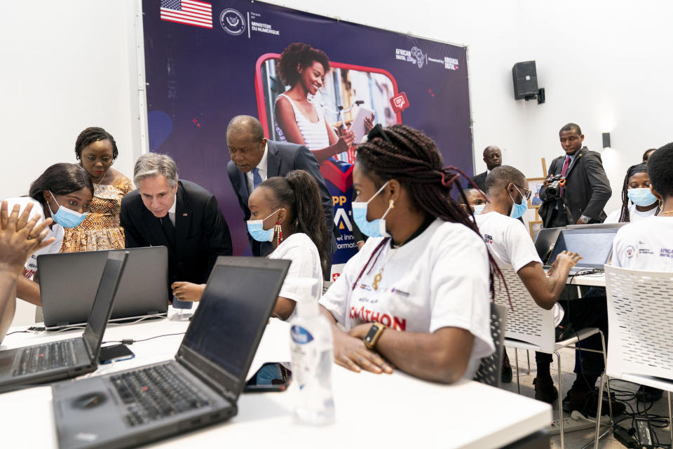 Secretary of State Antony Blinken visits an election transparency hackathon event at the Kinshasa Digital Academy in Kinshasa, Congo, Wednesday, Aug. 10, 2022. Blinken is on a ten day trip to Cambodia, Philippines, South Africa, Congo, and Rwanda. (AP Photo/Andrew Harnik, Pool)