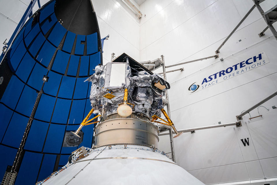 The Peregrine lander in the clean room prior to encapsulation in the nose cone. / Credit: ULA