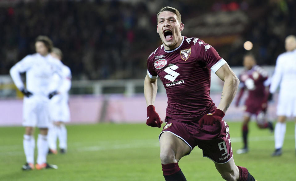 Torino's Andrea Belotti celebrates after he scored during a Serie A soccer match between Torino and Milan, at Turin's Olympic stadium, Italy, Monday, Jan. 16, 2017. (Alessandro Di Marco/ANSA via AP)