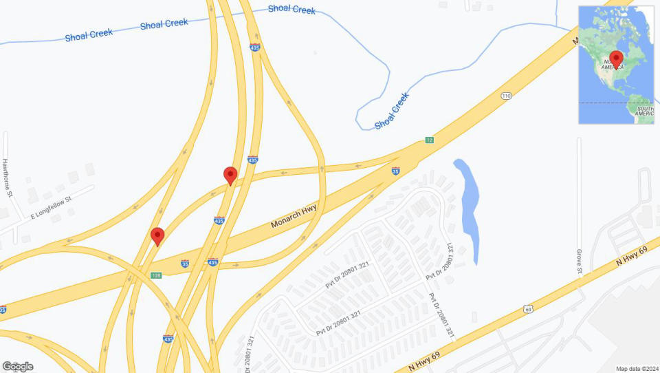 A detailed map that shows the affected road due to 'Broken down vehicle on Interstate 435 in Kansas City' on July 29th at 7:40 p.m.